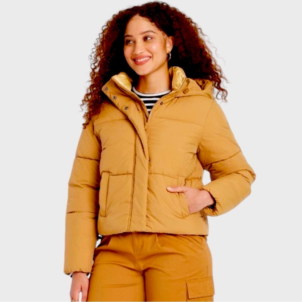 A New Day Women’s Nylon Puffer Hooded Jacket Tan women’s large